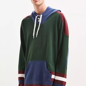 Colorblock Hoodie with Lace-Up Neck